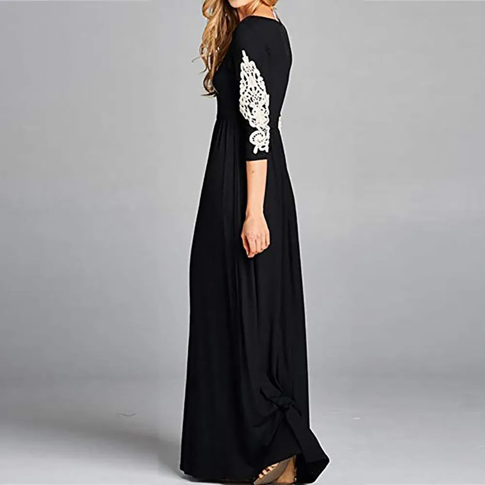 Round Neck Long Sleeve Lace Maxi Dress