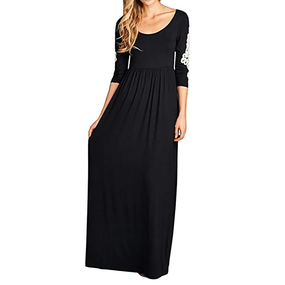 Round Neck Long Sleeve Lace Maxi Dress