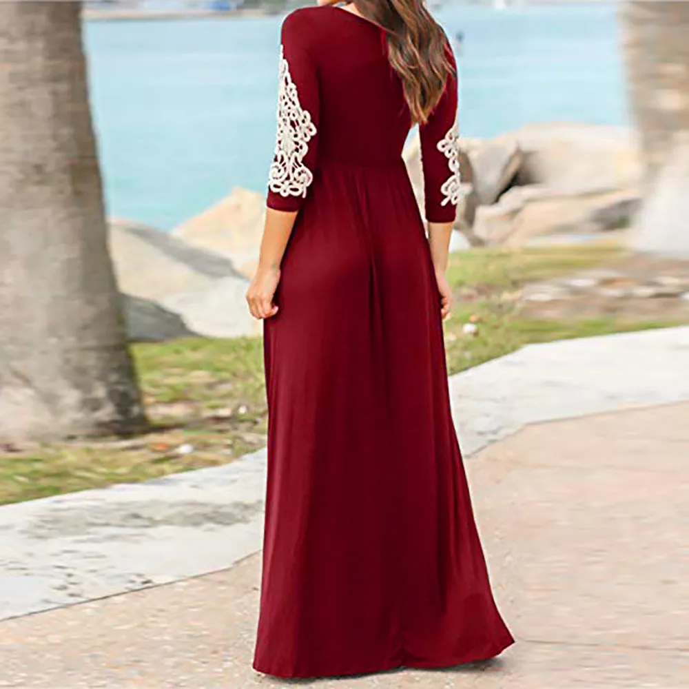 Round Neck Long Sleeve Lace Maxi Dress