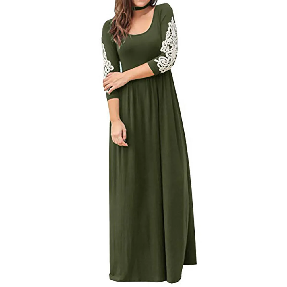 Round Neck Long Sleeve Lace Maxi Dress