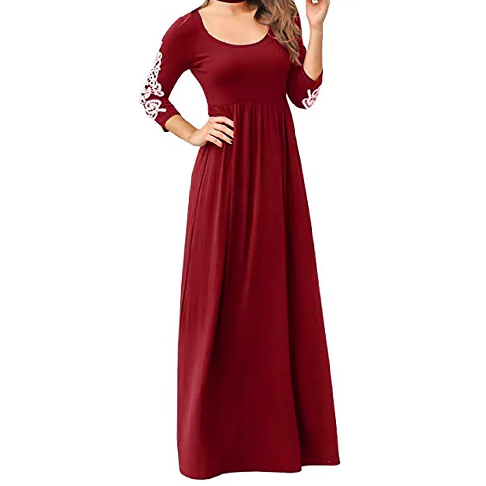 Round Neck Long Sleeve Lace Maxi Dress