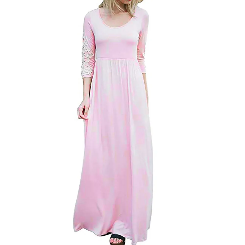 Round Neck Long Sleeve Lace Maxi Dress