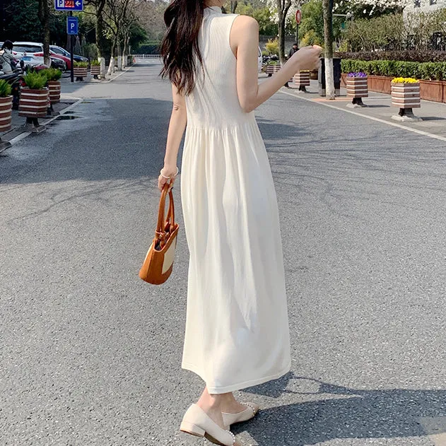 Round Neck Sleeveless Waist Slim Knit Dress