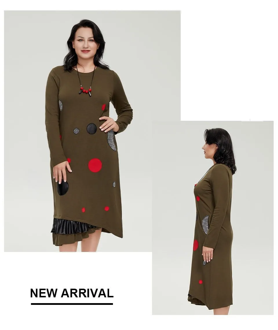 Round Patch Women's Plus Size Cotton Dress