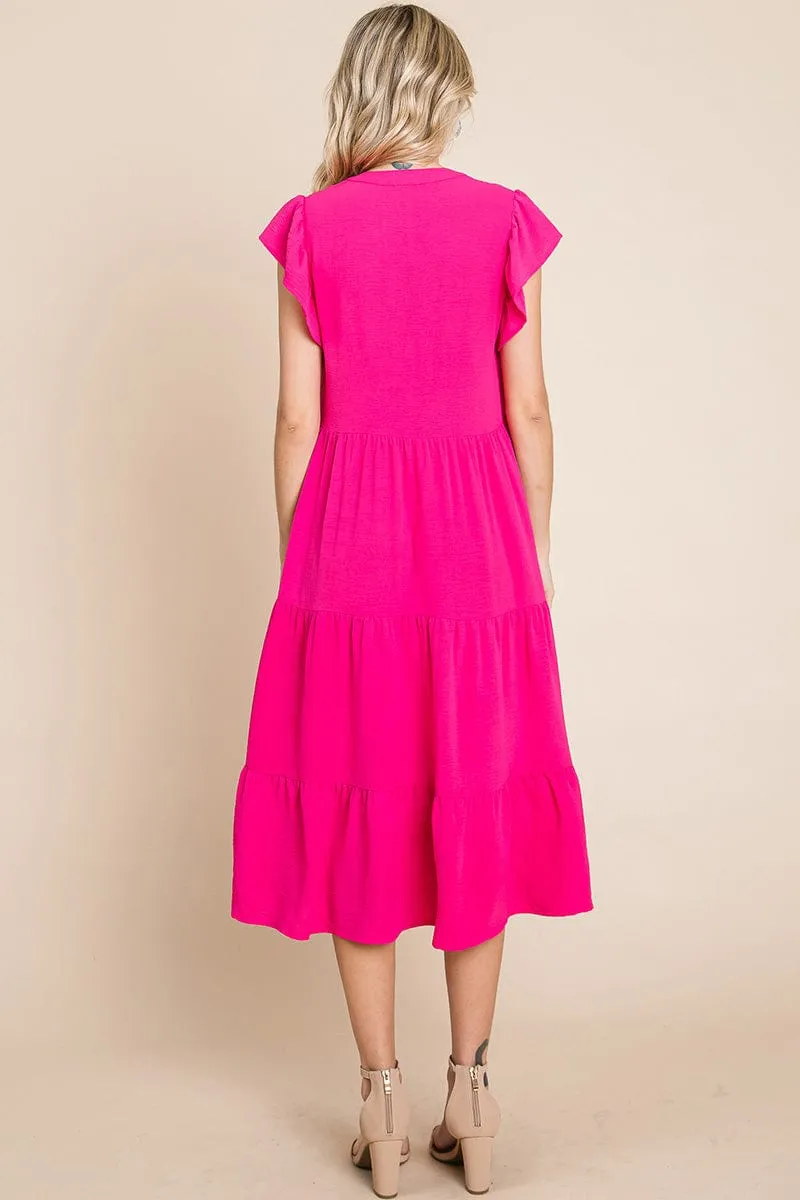 Ruffle Sleeve V neck Tiered Midi Dress, S-3X