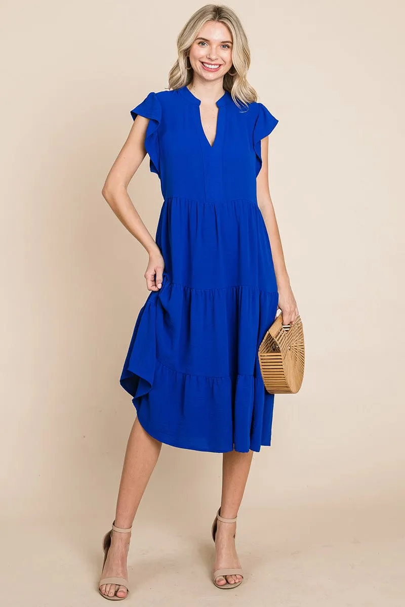 Ruffle Sleeve V neck Tiered Midi Dress, S-3X