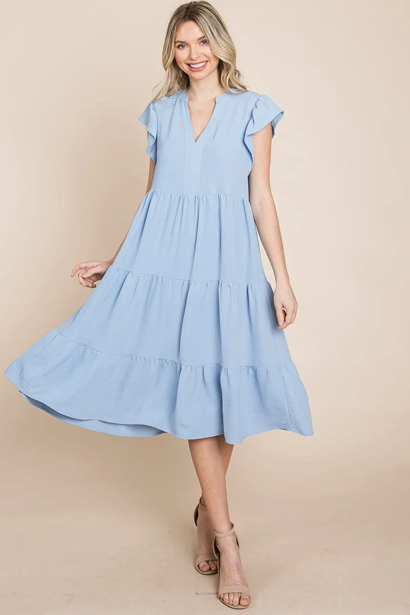 Ruffle Sleeve V neck Tiered Midi Dress, S-3X