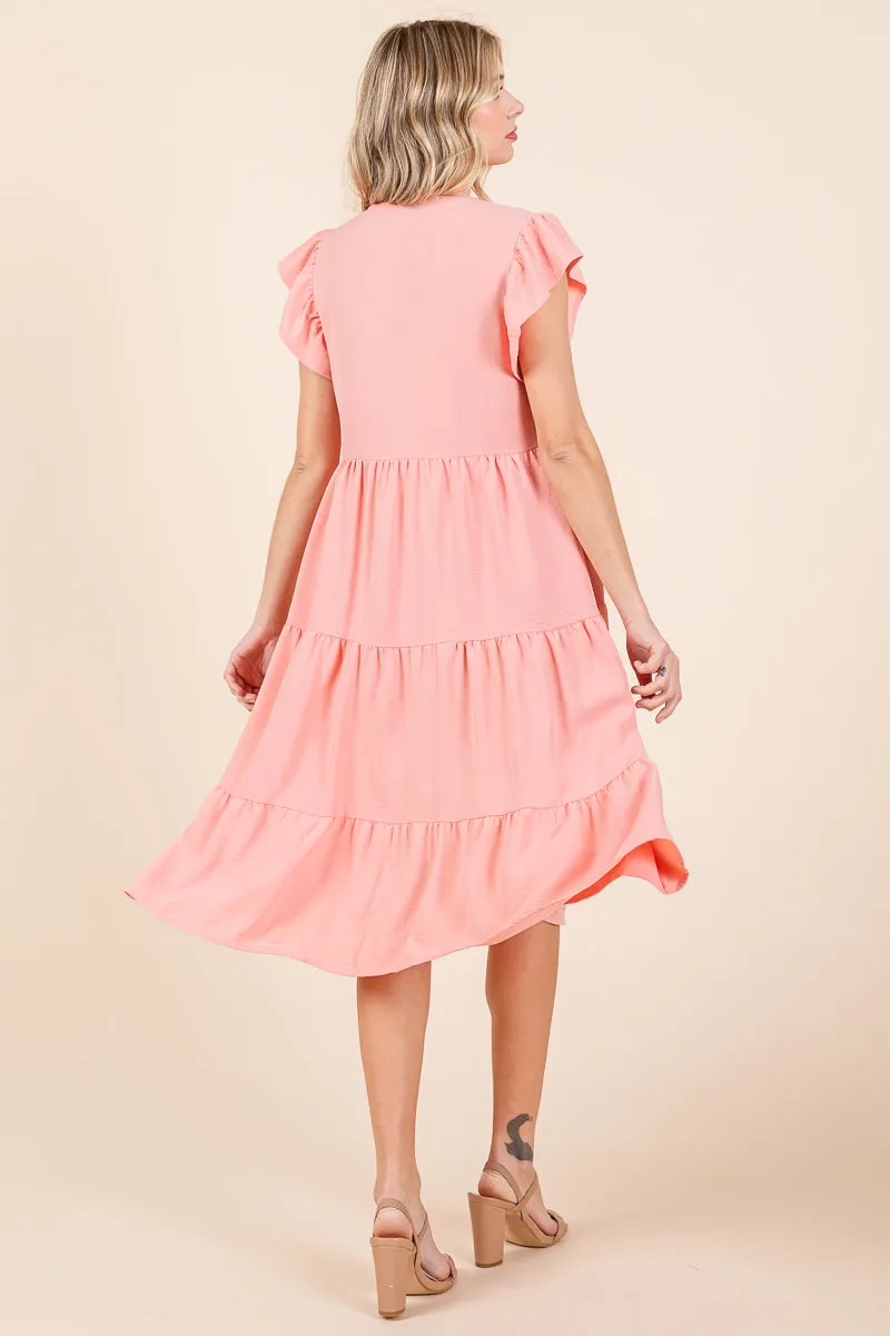 Ruffle Sleeve V neck Tiered Midi Dress, S-3X