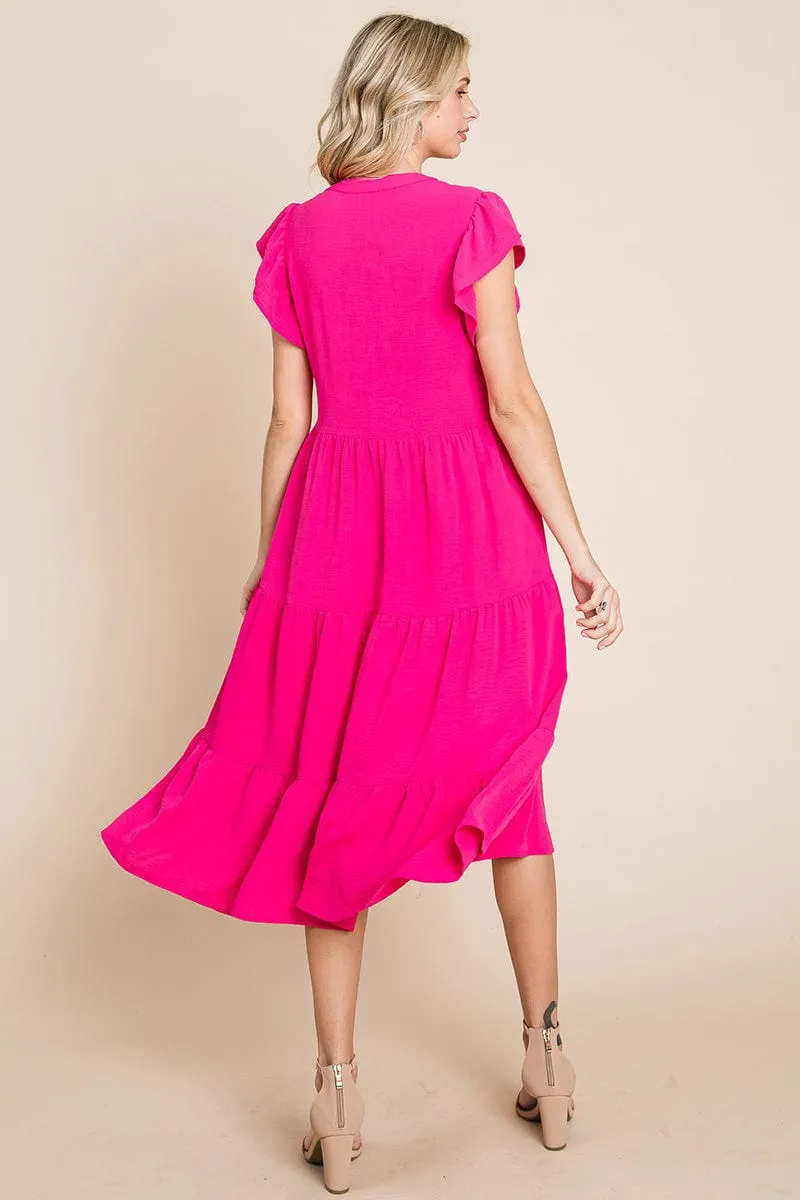 Ruffle Sleeve V neck Tiered Midi Dress, S-3X