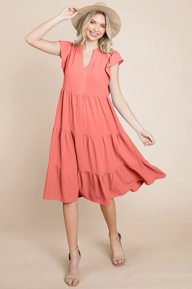 Ruffle Sleeve V neck Tiered Midi Dress, S-3X