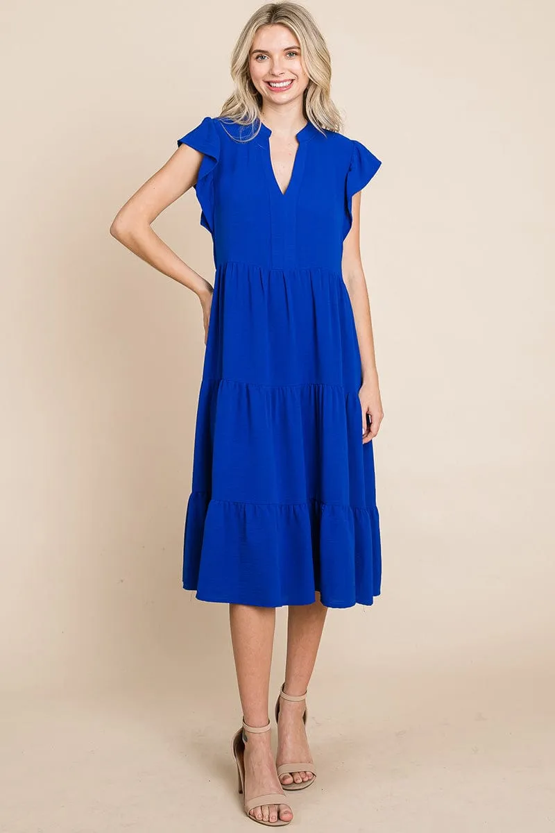 Ruffle Sleeve V neck Tiered Midi Dress, S-3X