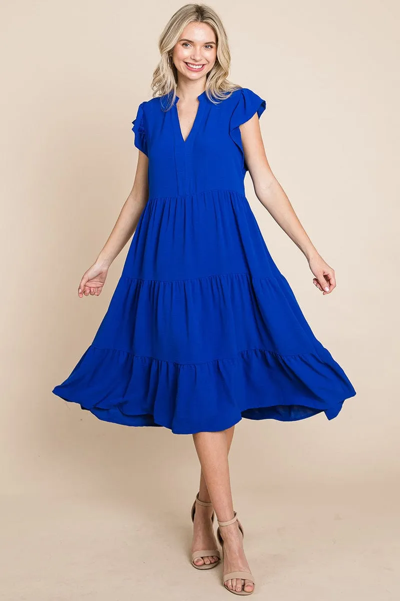 Ruffle Sleeve V neck Tiered Midi Dress, S-3X