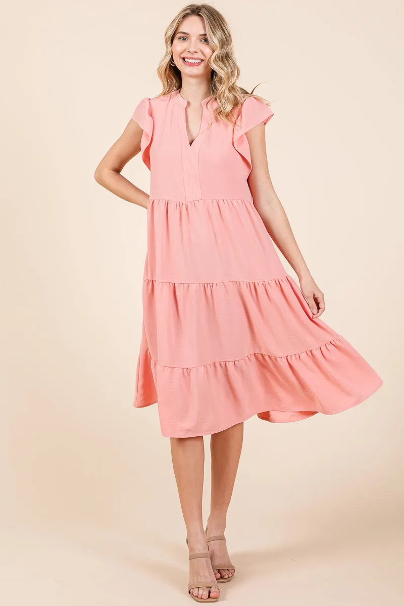 Ruffle Sleeve V neck Tiered Midi Dress, S-3X