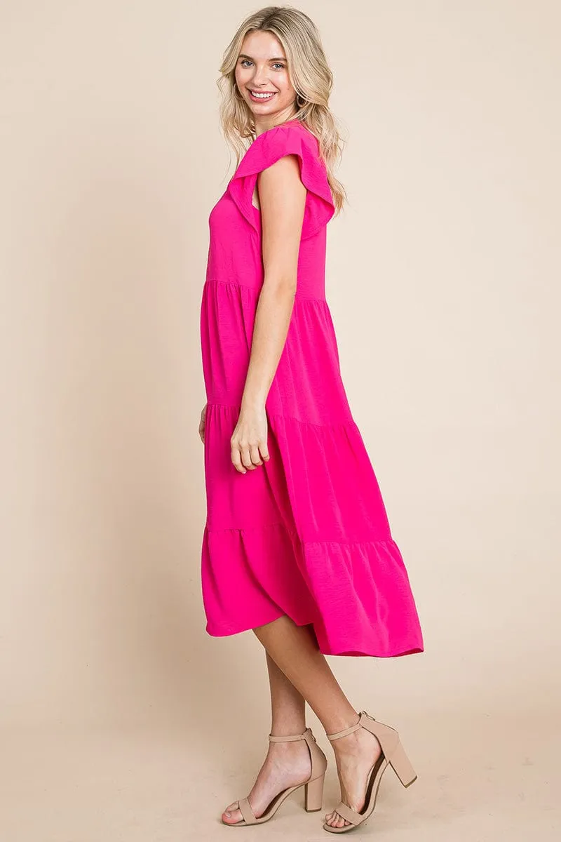 Ruffle Sleeve V neck Tiered Midi Dress, S-3X