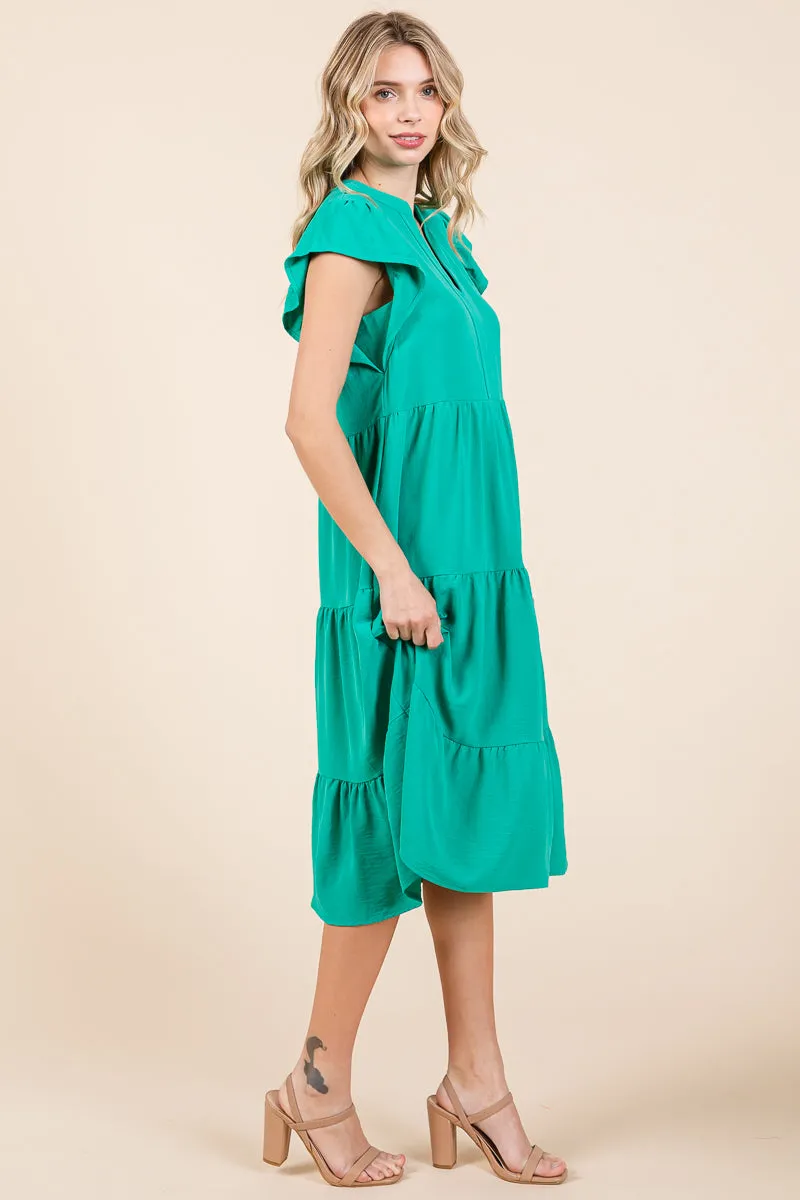 Ruffle Sleeve V neck Tiered Midi Dress, S-3X