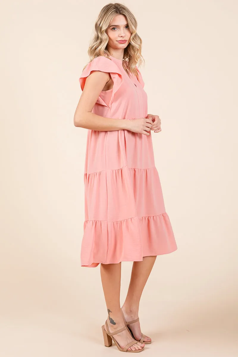 Ruffle Sleeve V neck Tiered Midi Dress, S-3X