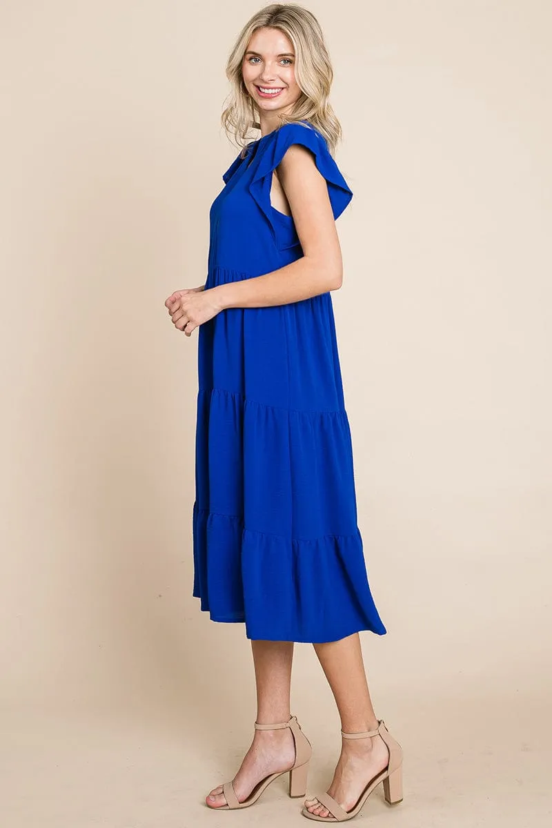 Ruffle Sleeve V neck Tiered Midi Dress, S-3X