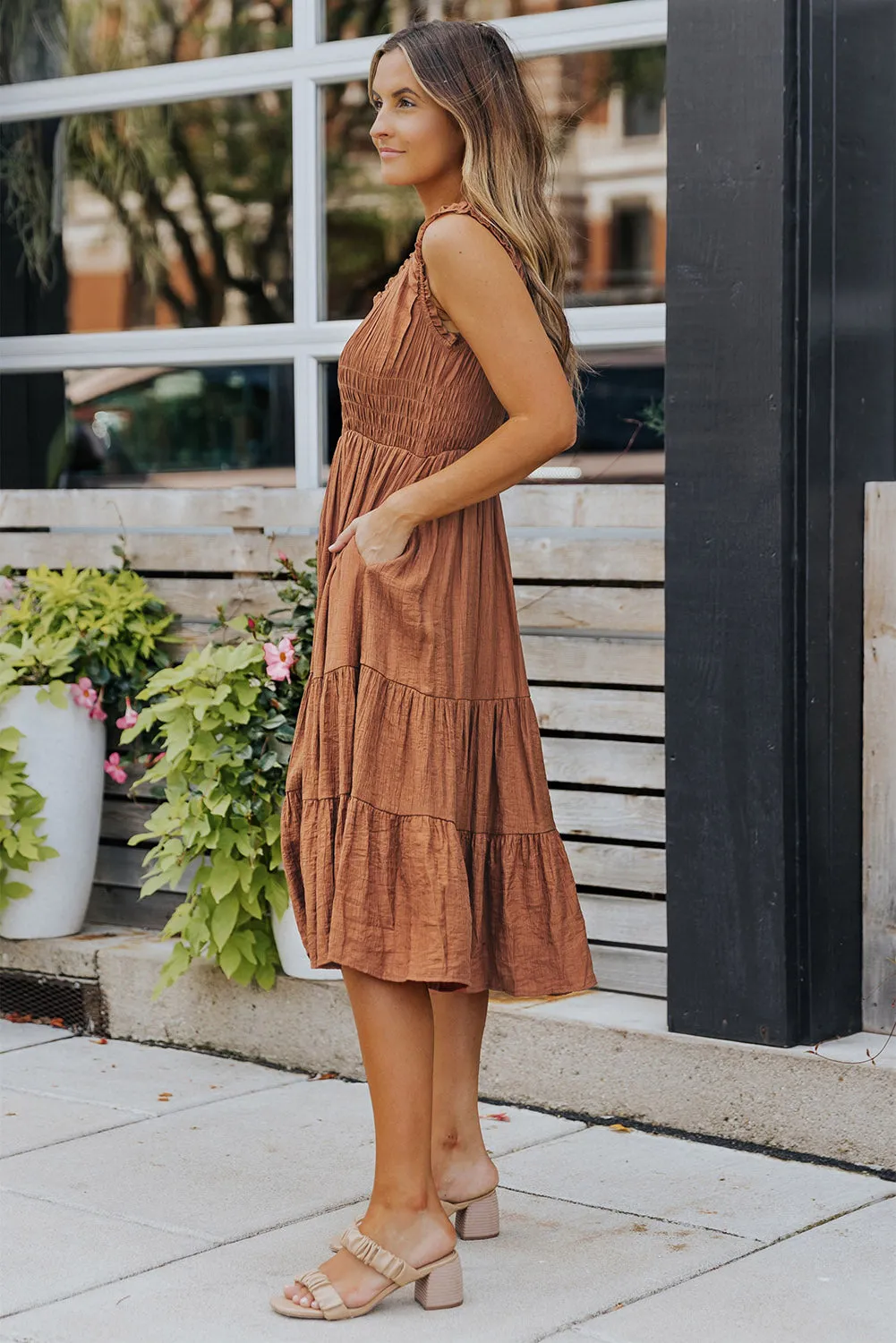 Scarlett - Brown Smocked Ruched Sleeveless High Waist Midi Dress