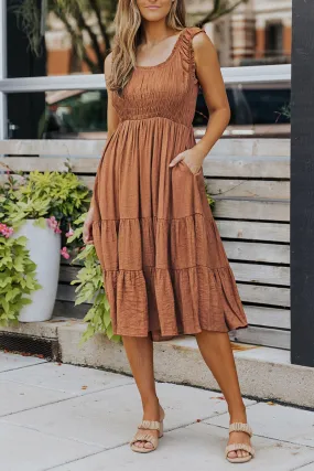 Scarlett - Brown Smocked Ruched Sleeveless High Waist Midi Dress