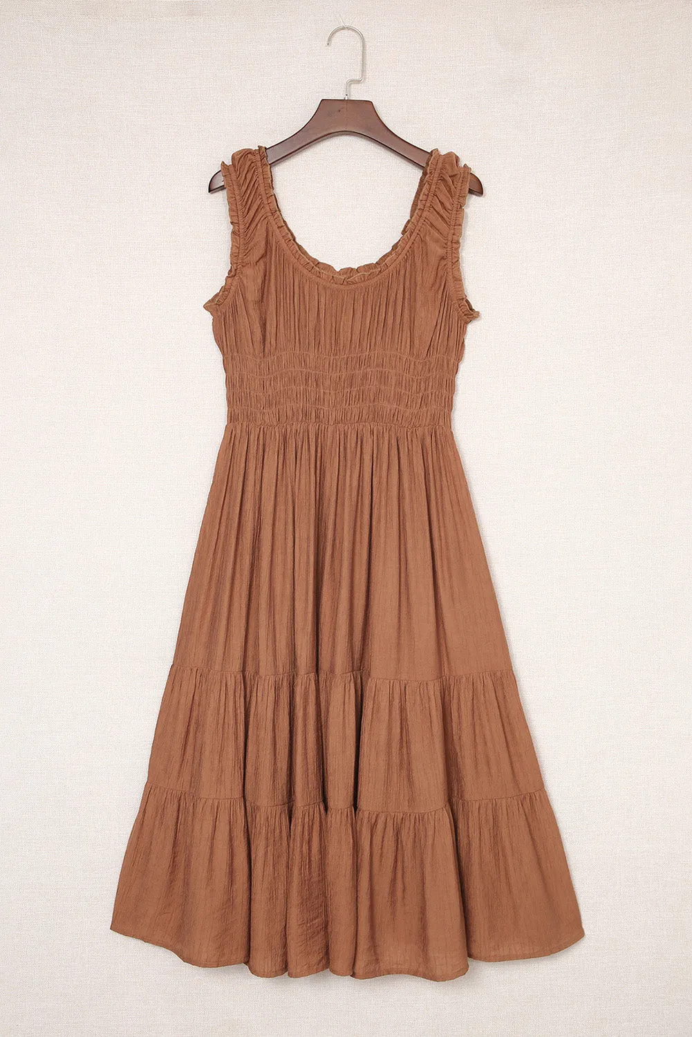 Scarlett - Brown Smocked Ruched Sleeveless High Waist Midi Dress