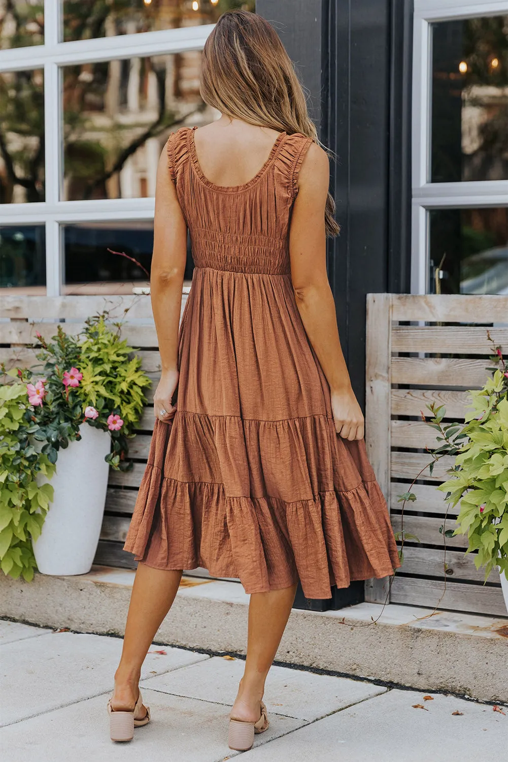 Scarlett - Brown Smocked Ruched Sleeveless High Waist Midi Dress