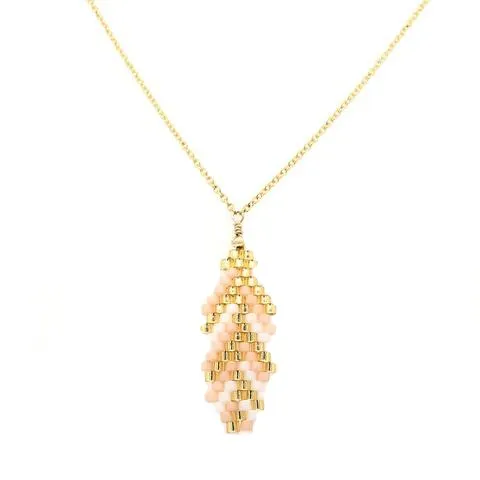 Seed Bead Feather Pink and Gold Necklace