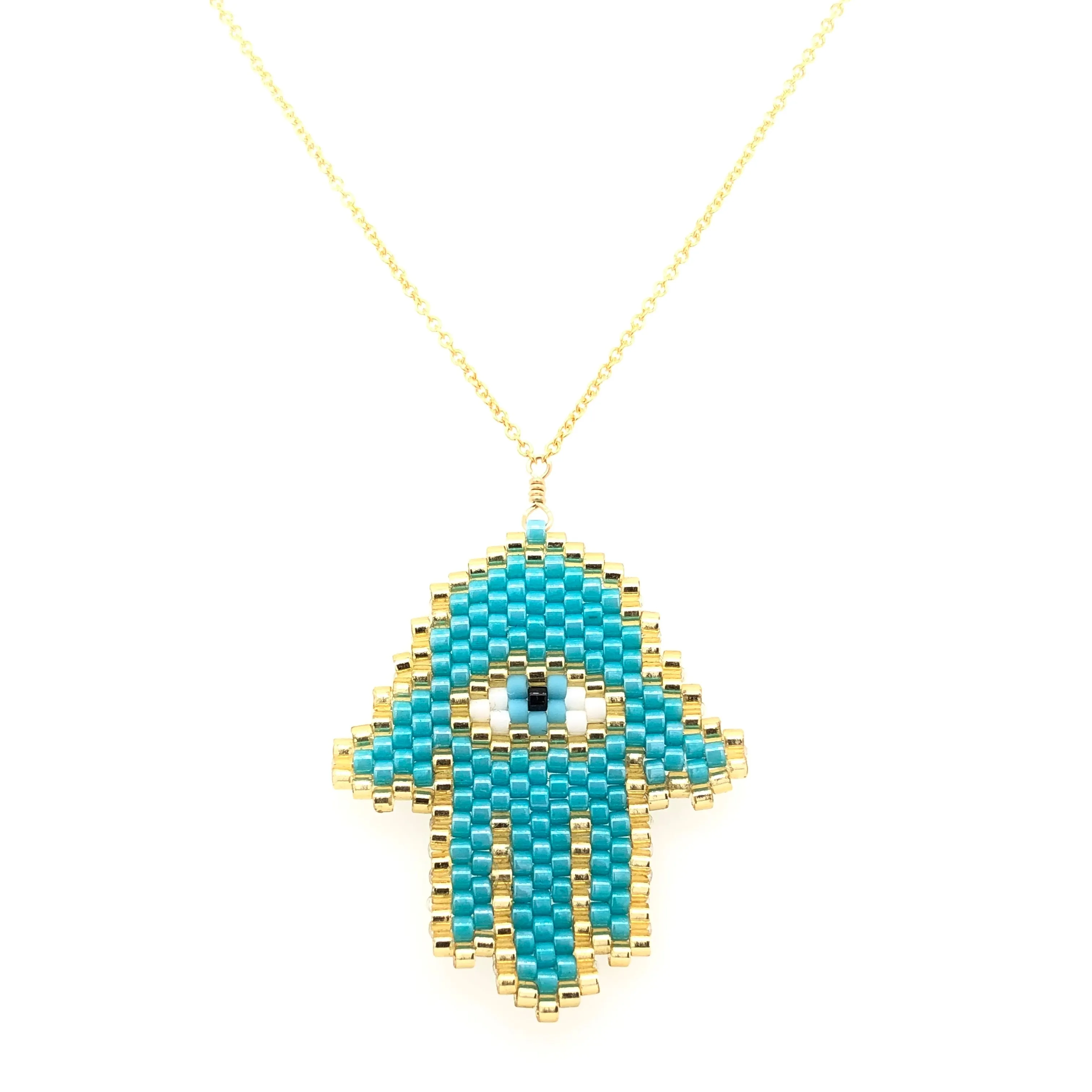 Seed Bead Hamsa Turquoise Large Necklace