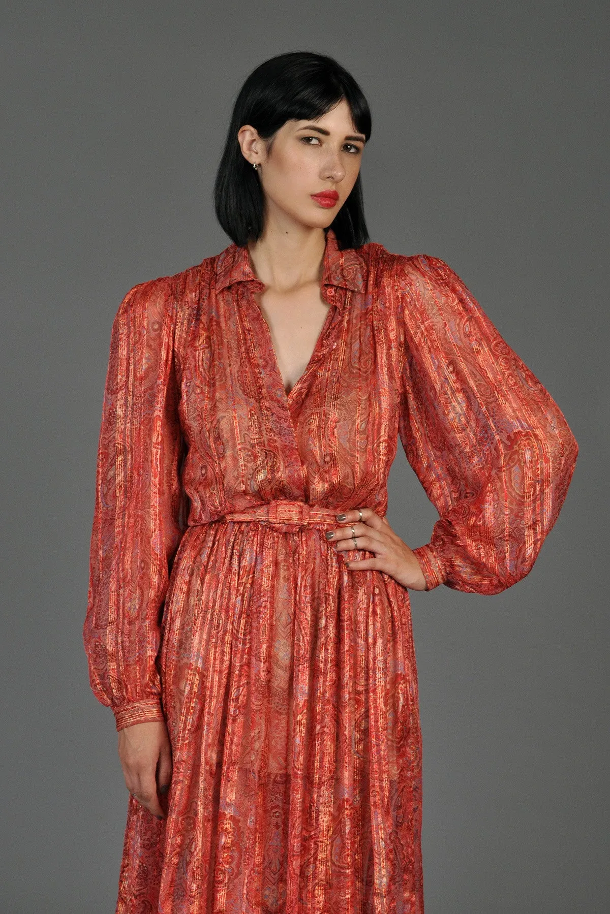 Sheer 1980s Paisley Striped Silk Dress w/Ascot   Belt