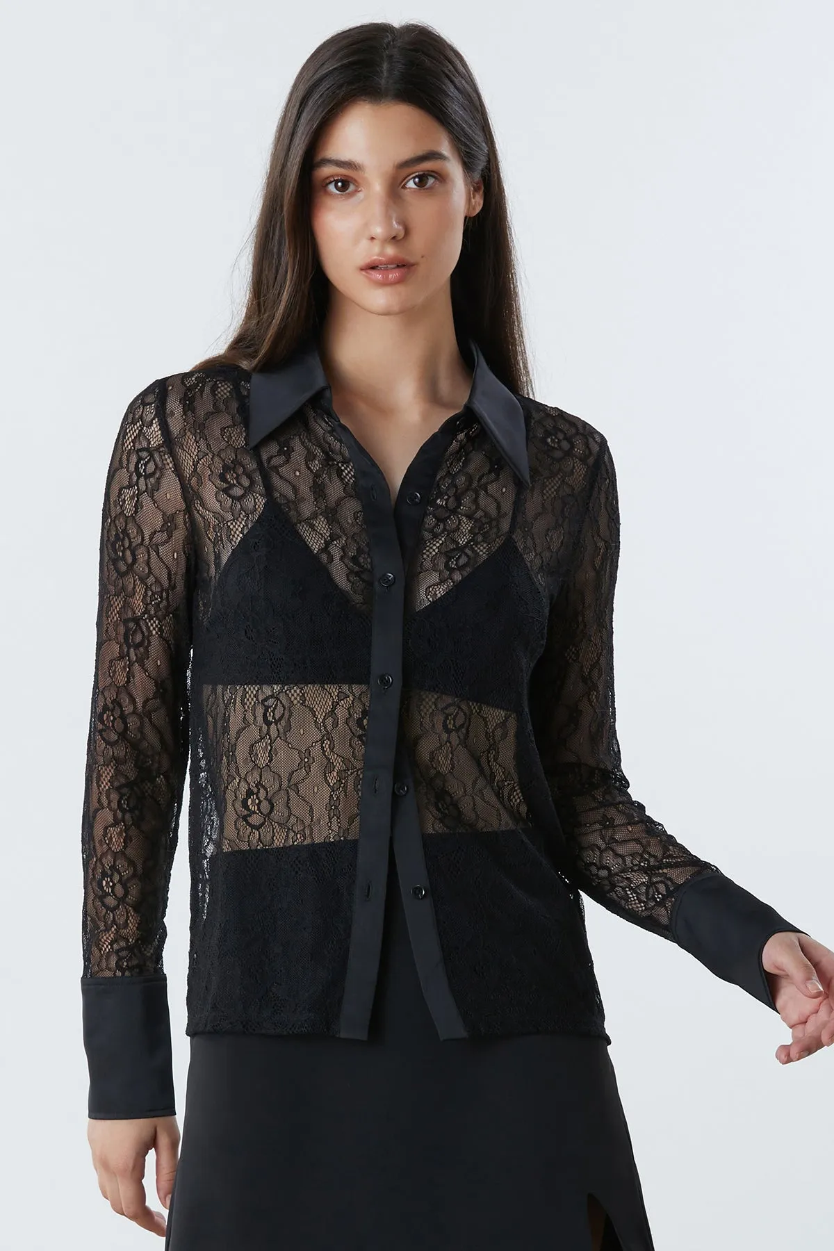 Sheer Embroidery Button Front Top