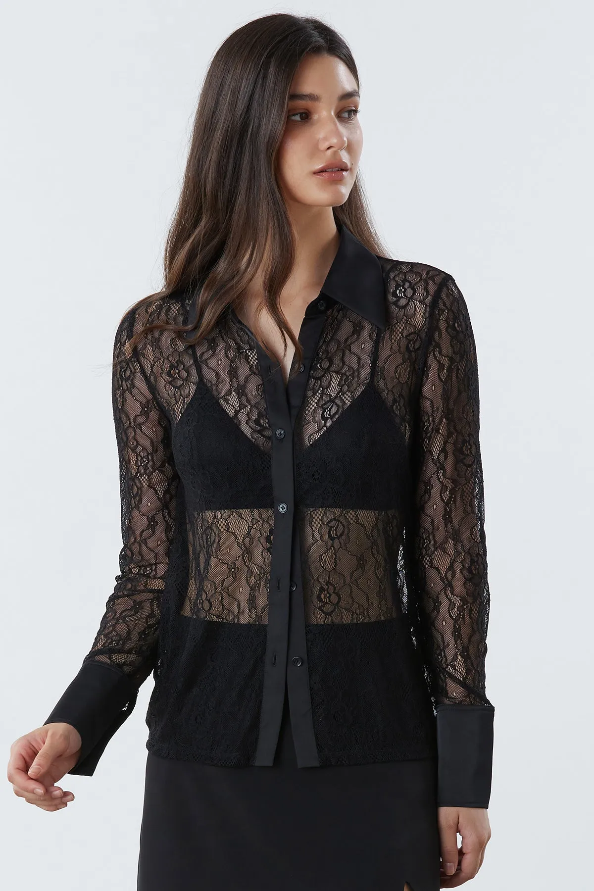 Sheer Embroidery Button Front Top