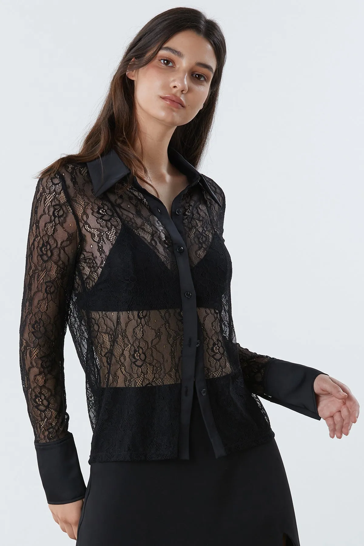 Sheer Embroidery Button Front Top