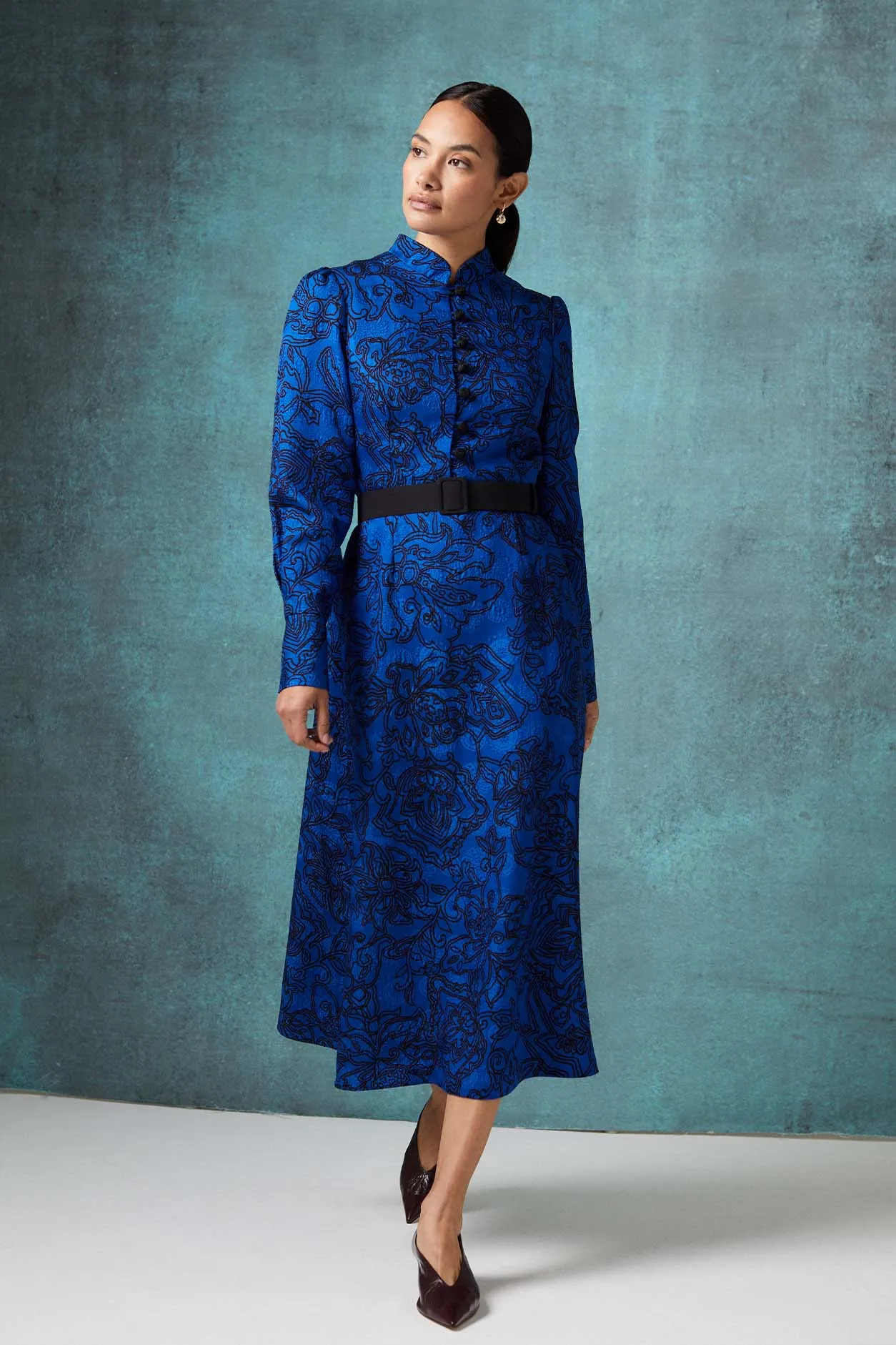 Silk/Wool Printed Matelassé Dress in Blue/Black - Cleo