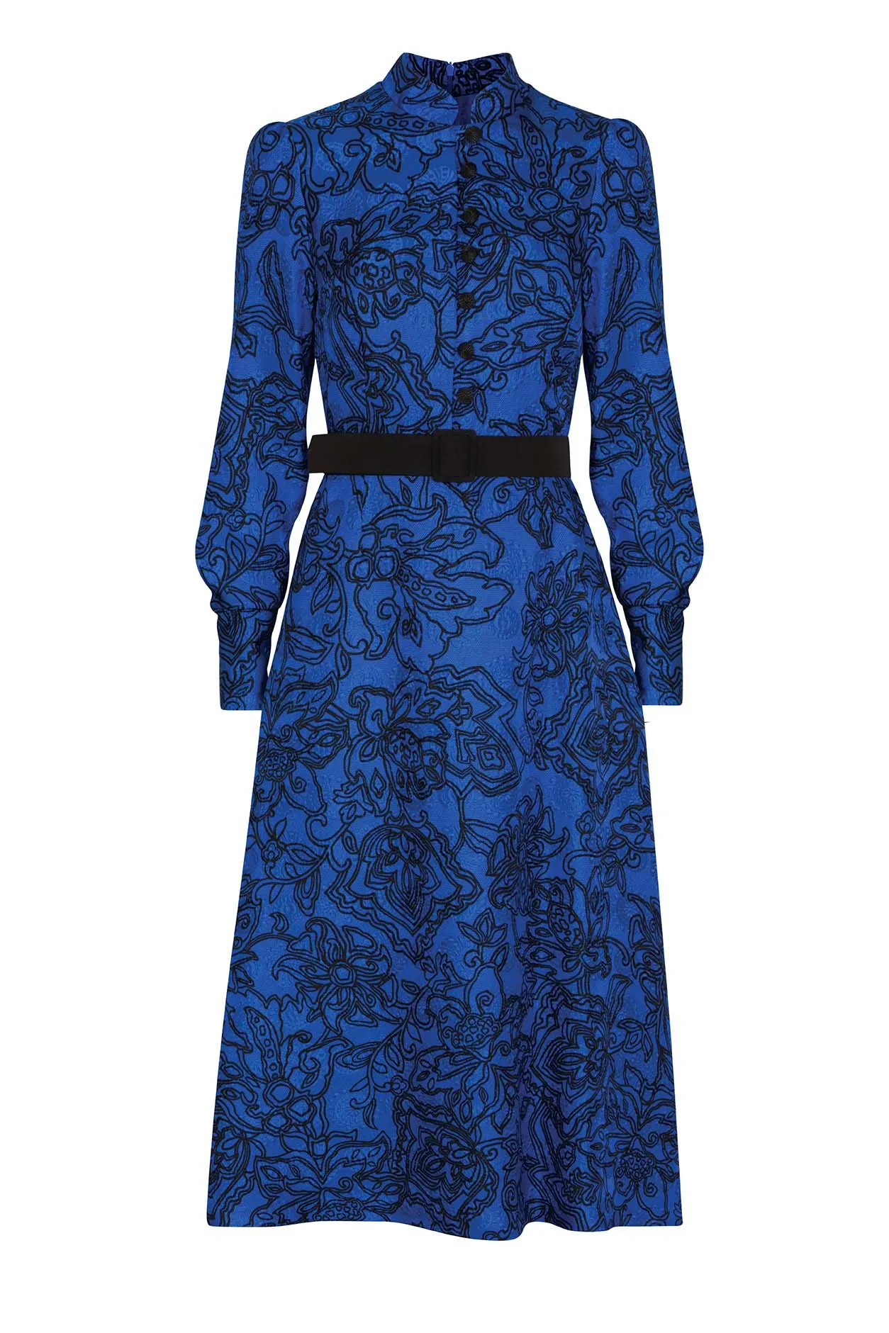 Silk/Wool Printed Matelassé Dress in Blue/Black - Cleo