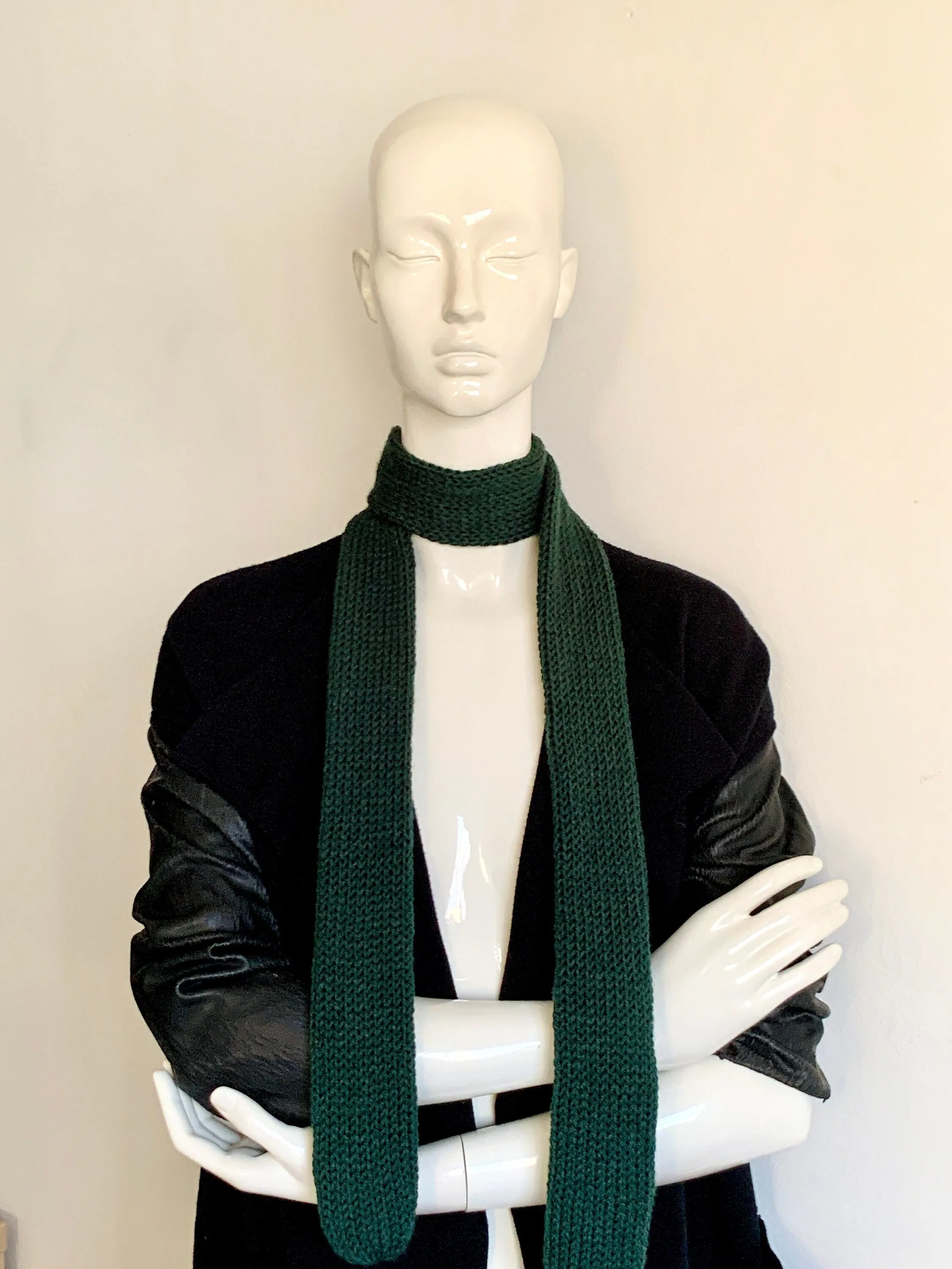 Skinny Knit Scarf Green, British Racing Green Skinny Knit Scarf, Dark Green Long Scarf Tie, Thin Scarf, Double Sided Women Knitted Scarves