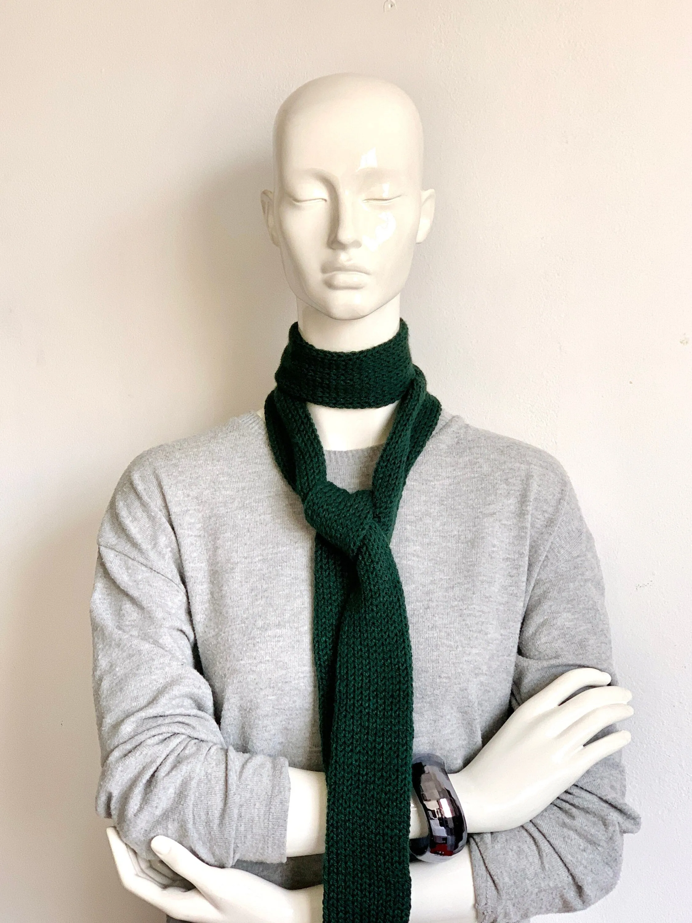 Skinny Knit Scarf Green, British Racing Green Skinny Knit Scarf, Dark Green Long Scarf Tie, Thin Scarf, Double Sided Women Knitted Scarves