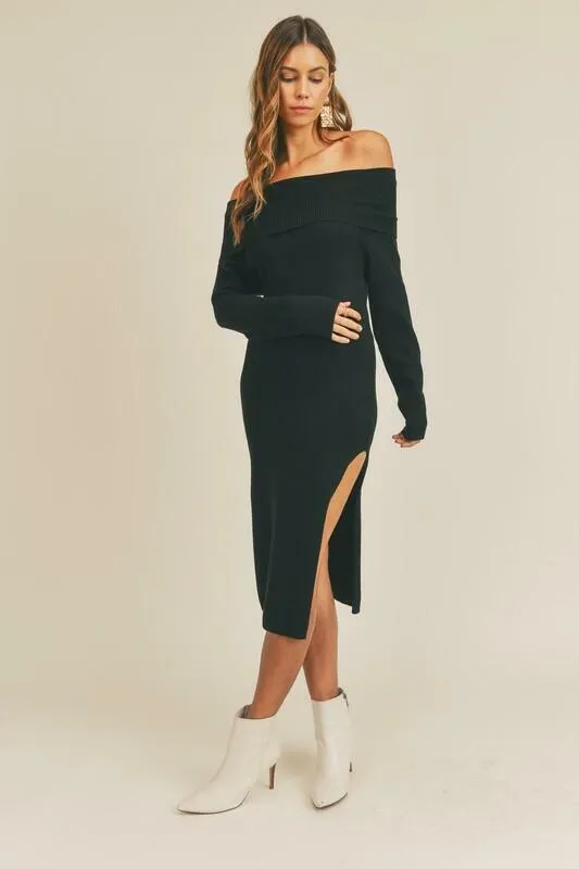 Sophia Black Off-the-Shoulder Knit Sweater Dress