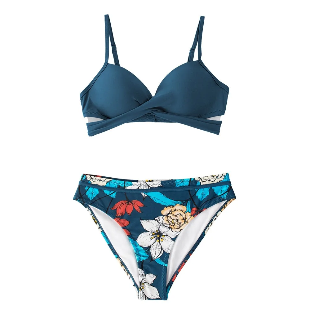 SOPREV  Bohemian Style Solid Push-up Top & Floral or Striped Bottom Bikini Set