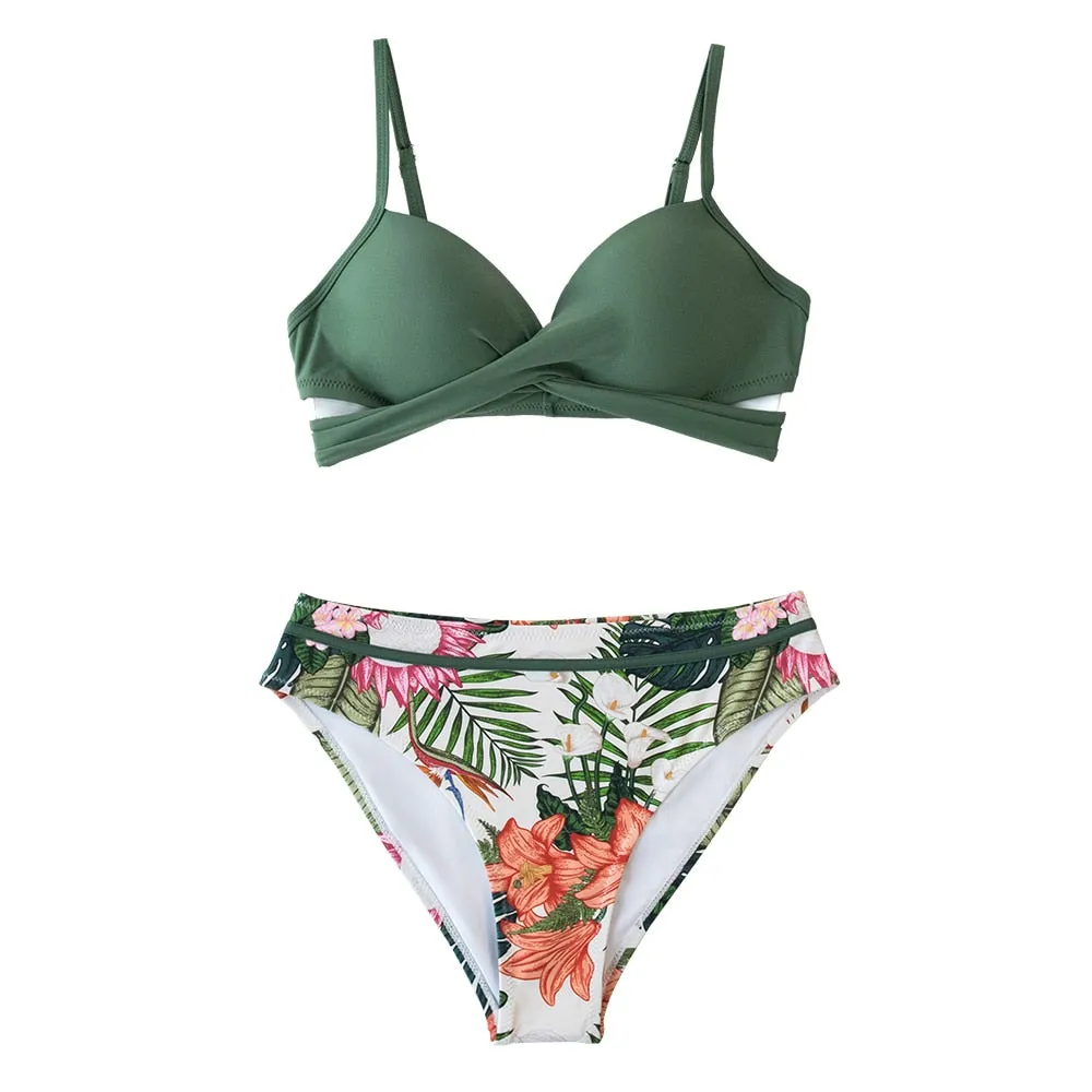 SOPREV  Bohemian Style Solid Push-up Top & Floral or Striped Bottom Bikini Set