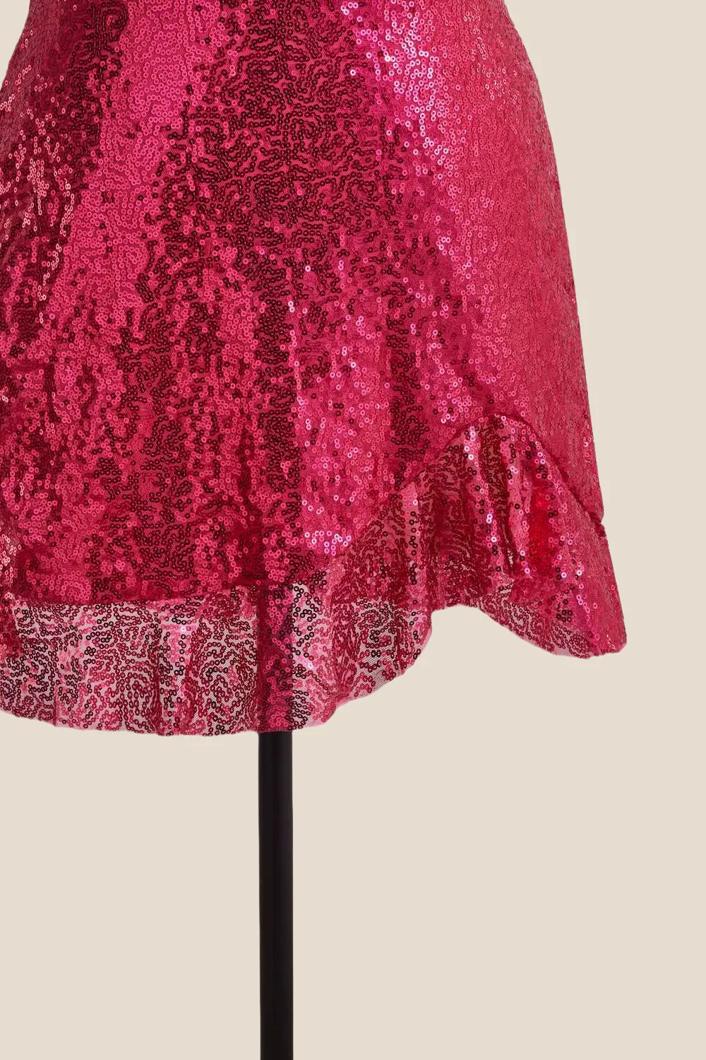 Straps Fuchsia Ruched Sequin Short Dress