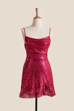 Straps Fuchsia Ruched Sequin Short Dress