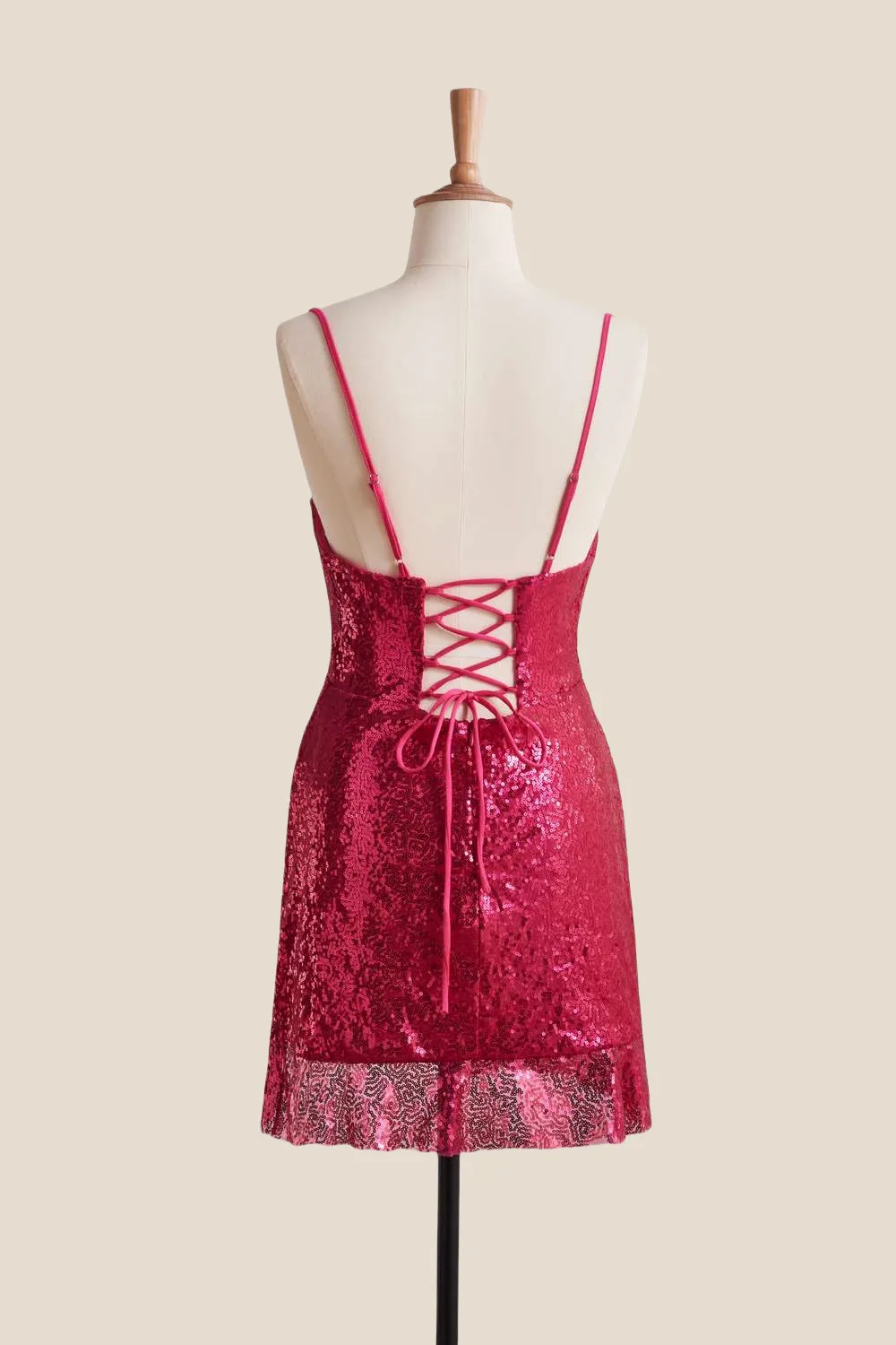 Straps Fuchsia Ruched Sequin Short Dress