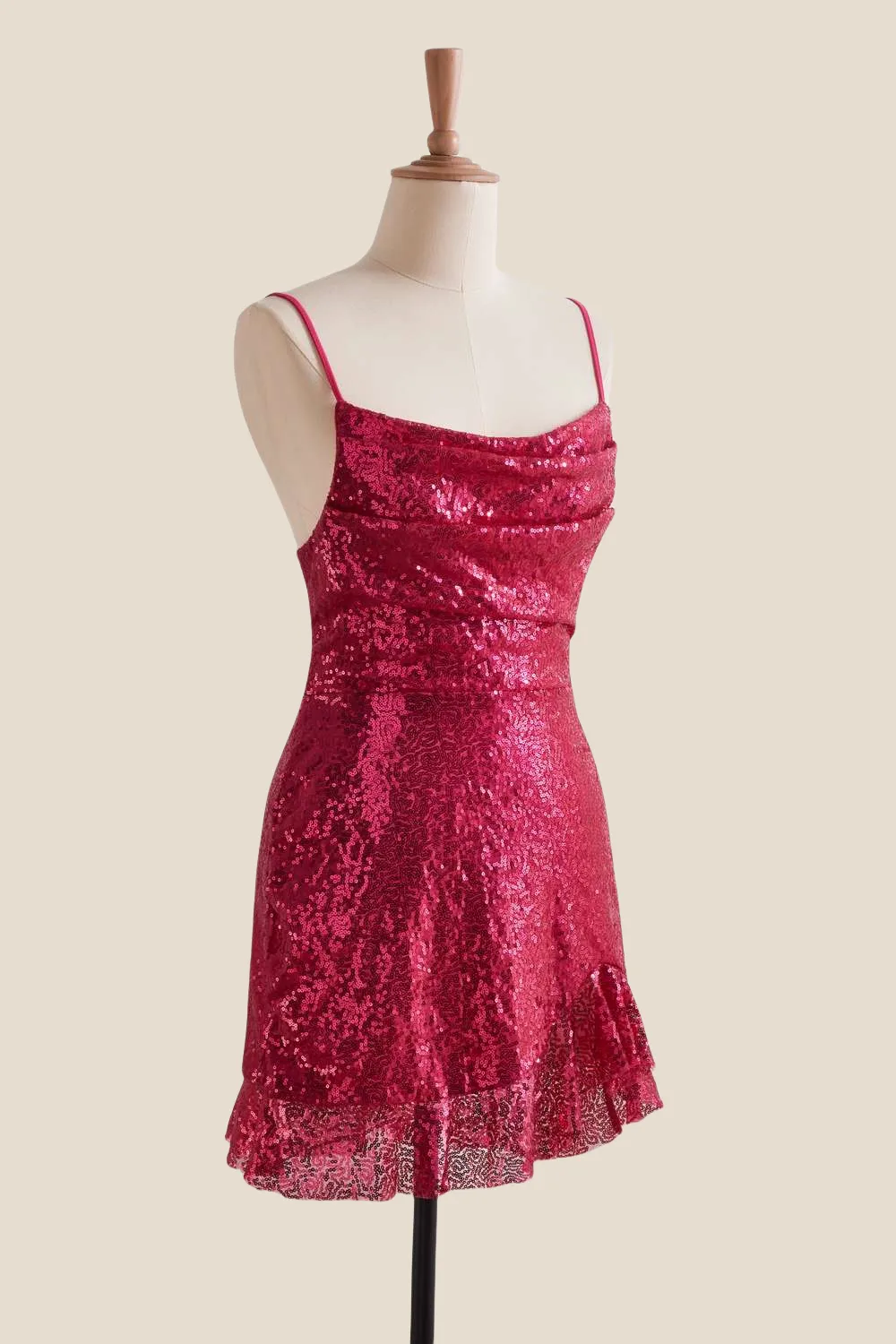 Straps Fuchsia Ruched Sequin Short Dress