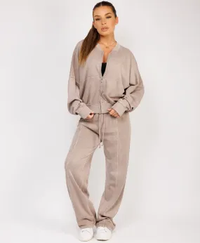 Taupe Stonewashed Zipped Bomber Jacket & Joggers Loungewear Set