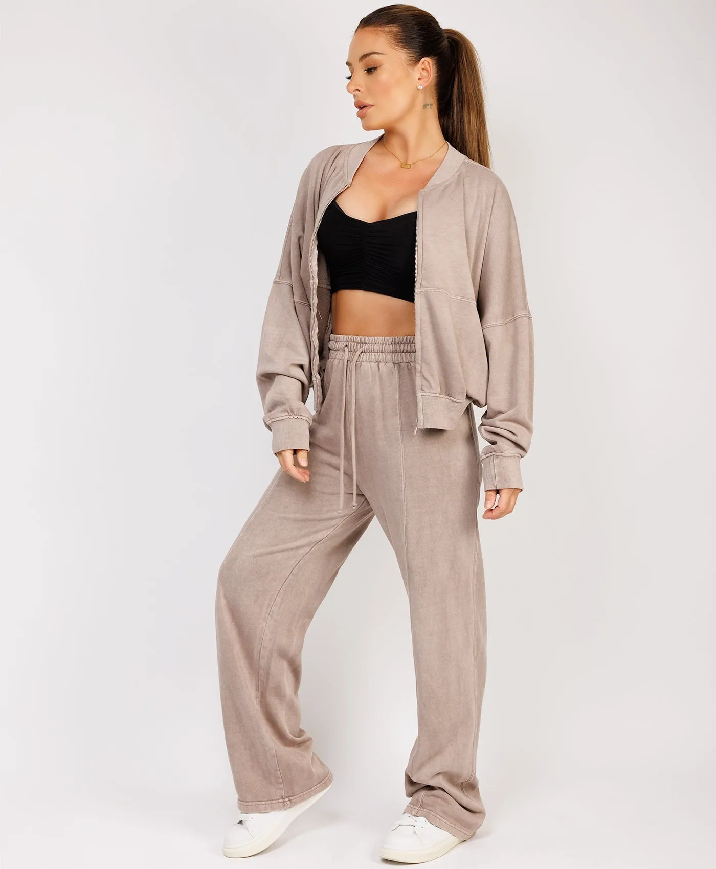 Taupe Stonewashed Zipped Bomber Jacket & Joggers Loungewear Set