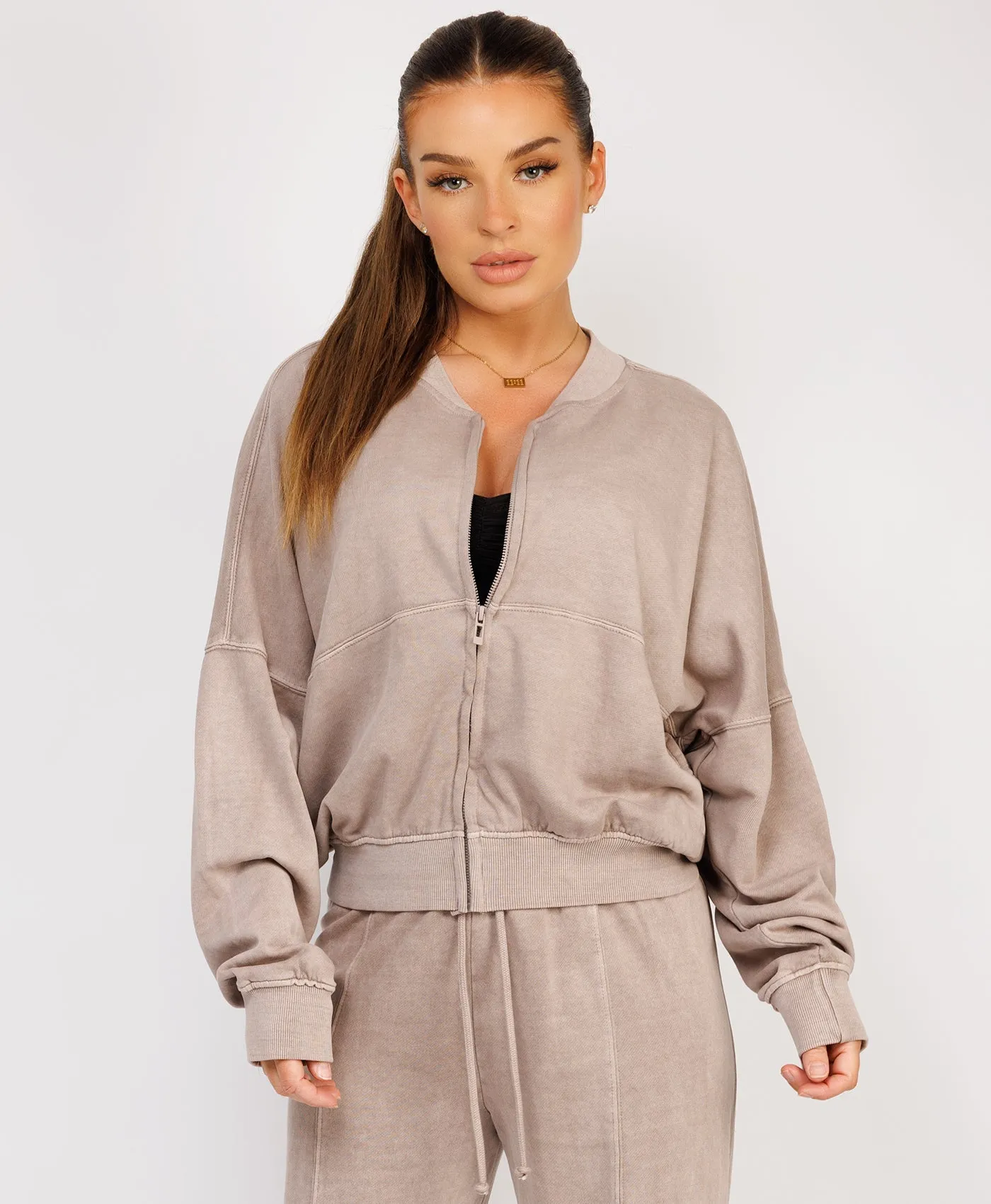 Taupe Stonewashed Zipped Bomber Jacket & Joggers Loungewear Set