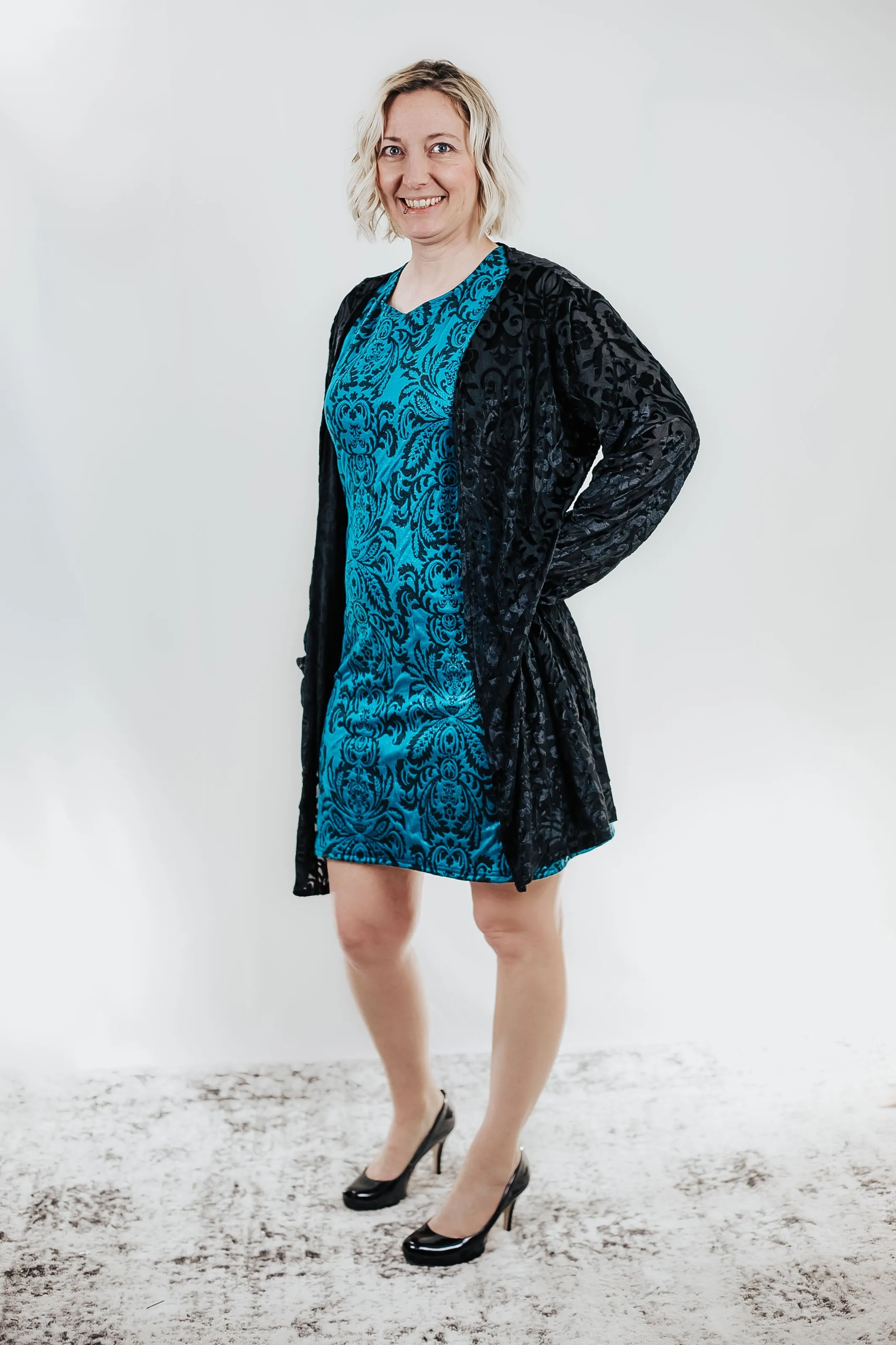 Teal Jacquard Sheath Tank Dress