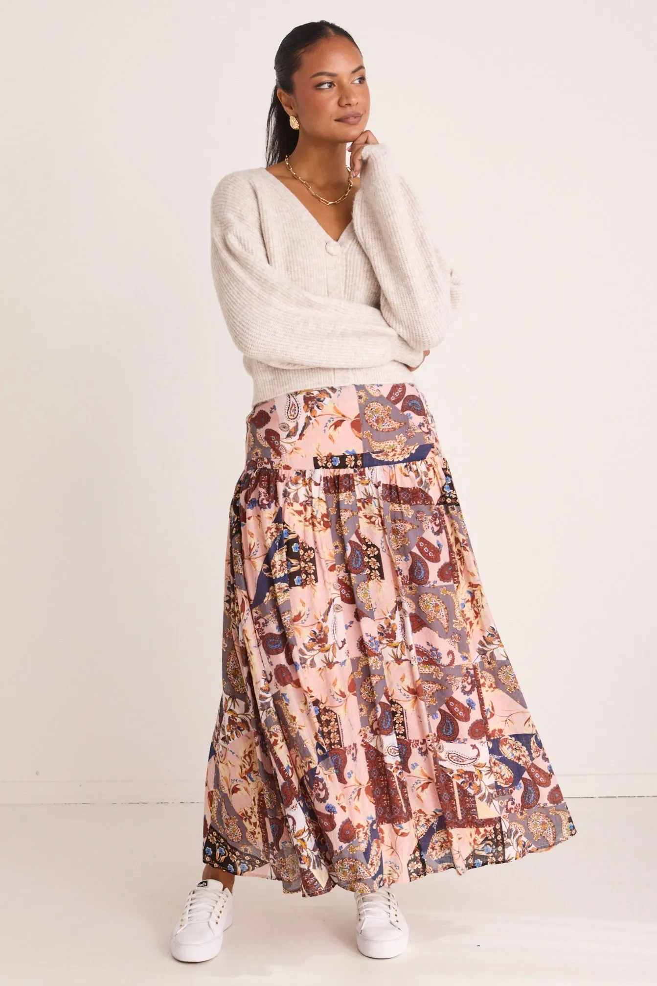 Tender Patchwork Paisley Tiered Maxi Skirt