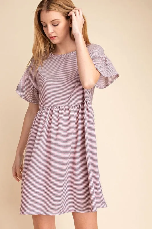 Terry Pin Stripe Ruffle Sleeve Babydoll Dress