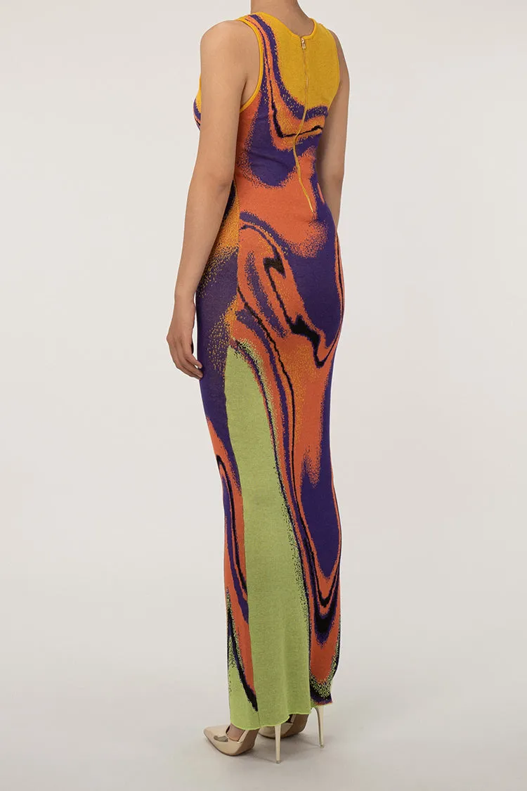 Vibrant Abstract Print Crew Neck Sheath Sleeveless Sweater Maxi Dress