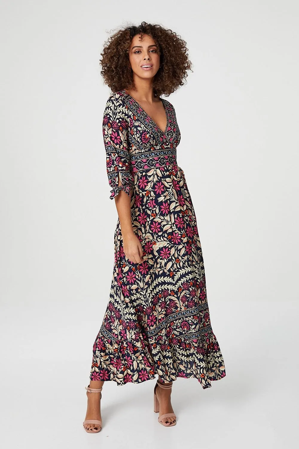 Vintage Floral 3/4 Sleeve Maxi Dress